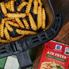 ['McCormick Air Fryer Garlic Parmesan seasoning packet with a close-up of crispy fries in an air fryer.']