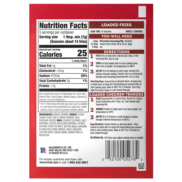 ['McCormick Loaded Fries and Loaded Chicken Tenders seasoning mix nutrition facts and directions.']