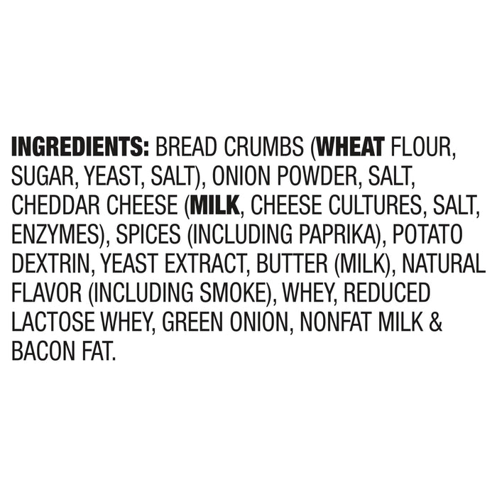 ['A list of ingredients for a product, including wheat flour, sugar, yeast, salt, onion powder, cheddar cheese, spices, potato dextrin, yeast extract, butter, natural flavor, whey, lactose whey, green onion, nonfat milk and bacon fat.']