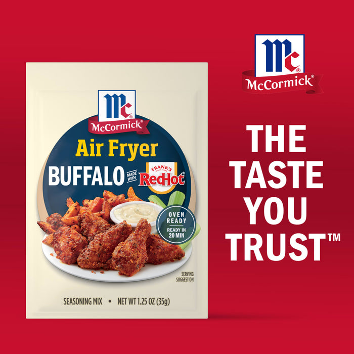 McCormick Air Fryer Buffalo Wing Seasoning Mix package featuring prepared wings and the tagline The Taste You Trust.