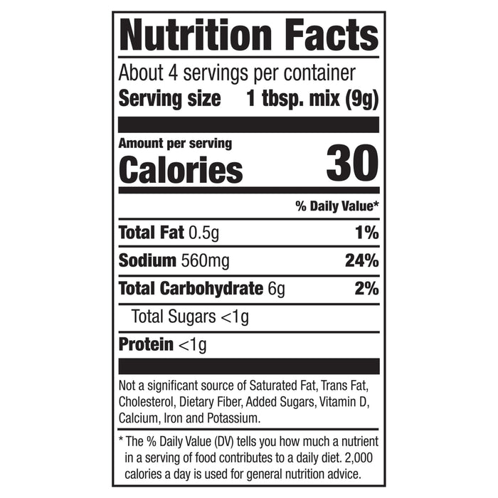 Nutrition facts label showing that one tablespoon of mix contains 30 calories, 0.5g of fat, 560mg of sodium, 6g of carbohydrates, less than 1g of sugar and less than 1g of protein.