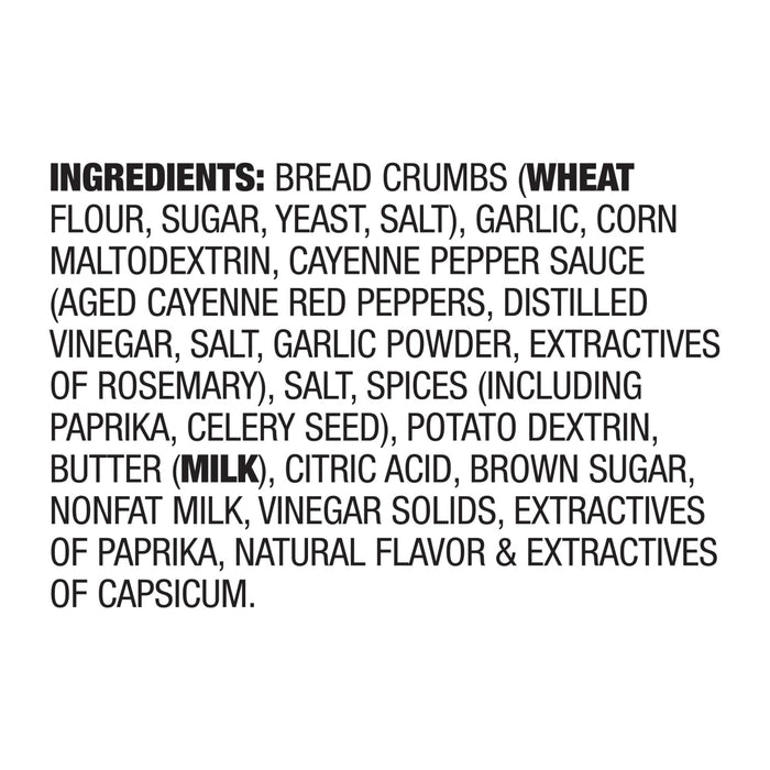 The image shows the ingredient list for a food product, including breadcrumbs, garlic, cayenne pepper sauce, and spices.