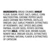 The image shows the ingredient list for a food product, including breadcrumbs, garlic, cayenne pepper sauce, and spices.