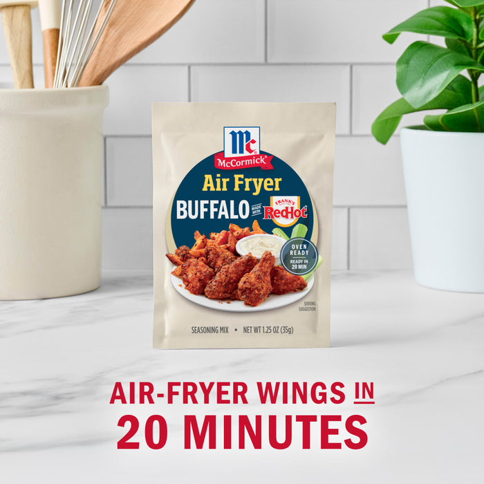 McCormick Air Fryer Buffalo Wings seasoning packet is displayed, advertising air-fryer wings in 20 minutes.