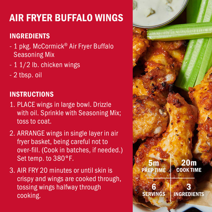 A recipe card for Air Fryer Buffalo Wings featuring McCormick Air Fryer Buffalo Seasoning Mix.