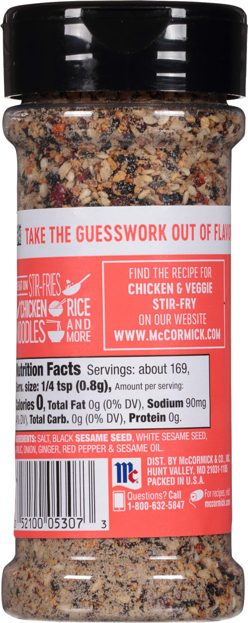 ['A McCormick Chicken &amp; Veggie Stir-Fry seasoning bottle with nutrition facts and ingredients listed.']