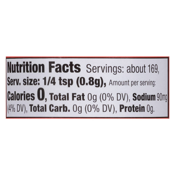 ['Nutrition facts label for a product with 0 calories per serving.']