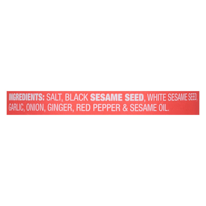 ['The ingredients for the product are salt, black sesame seed, white sesame seed, garlic, onion, ginger, red pepper and sesame oil.']