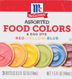 ['McCormick Assorted Food Colors &amp; Egg Dye in red, yellow, and blue.']
