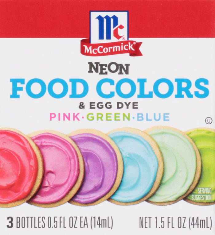 ['McCormick Neon Food Colors &amp; Egg Dye in pink, green and blue.']