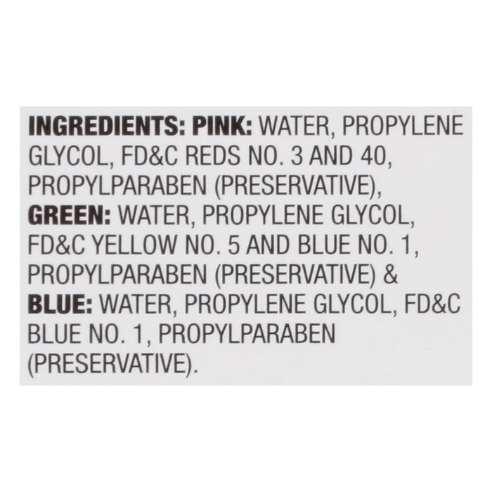 ['Three bottles of food coloring with instructions on how to color eggs.']