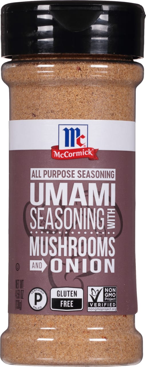 ['A jar of McCormick Umami Seasoning with Mushrooms and Onion.']