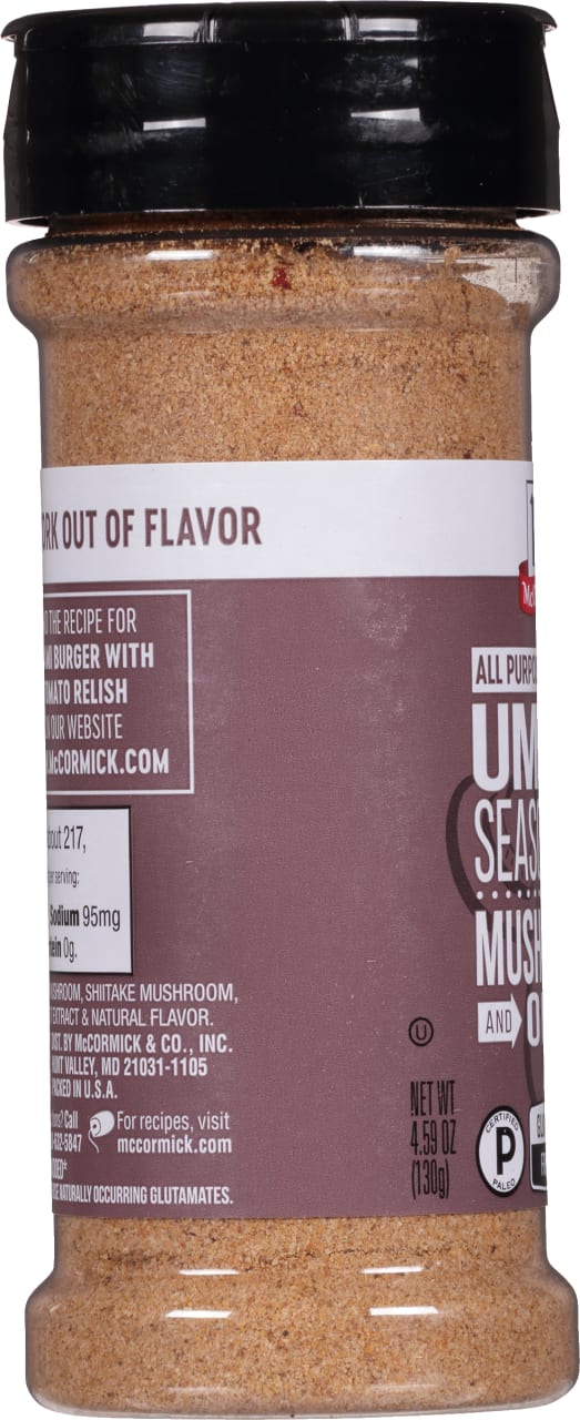 ['A McCormick Umami Seasoning for Mushrooms and Onions jar with a brown label.']