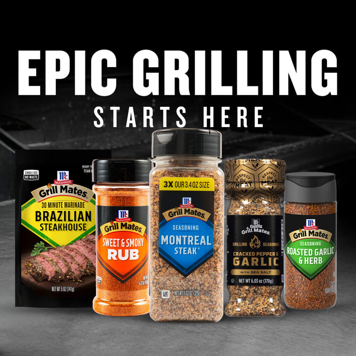 A variety of McCormick Grill Mates seasonings are displayed with the text Epic Grilling Starts Here.