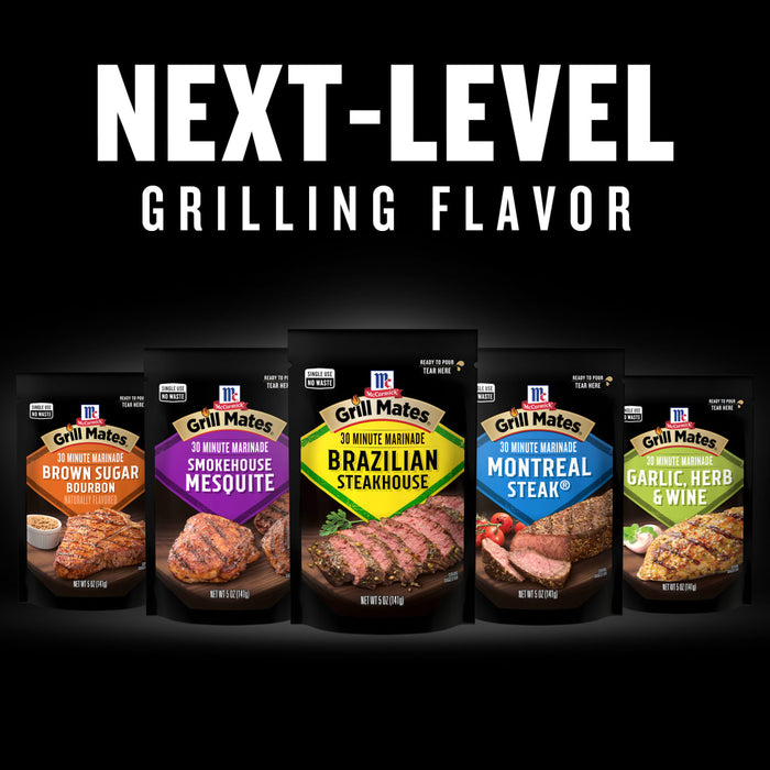 Five packages of McCormick Grill Mates 30-minute marinade in different flavors are displayed under the text Next-Level Grilling Flavor.