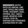 The image lists the ingredients of a product including water distilled vinegar lime juice spices salt garlic sugar modified corn starch olive oil xanthan gum and extractives of lime.