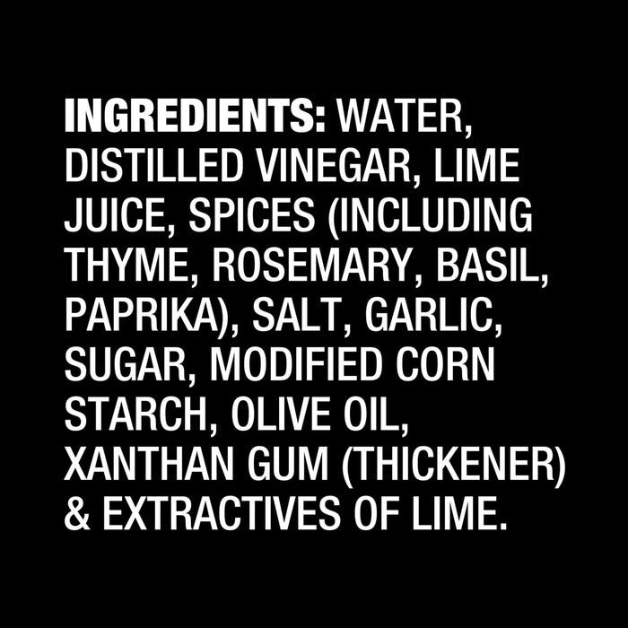 The image lists the ingredients of a product including water distilled vinegar lime juice spices salt garlic sugar modified corn starch olive oil xanthan gum and extractives of lime.