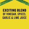 The image displays the text EXCITING BLEND OF VINEGAR SPICES GARLIC &amp; LIME JUICE in bold black letters against a yellow background with green accents.