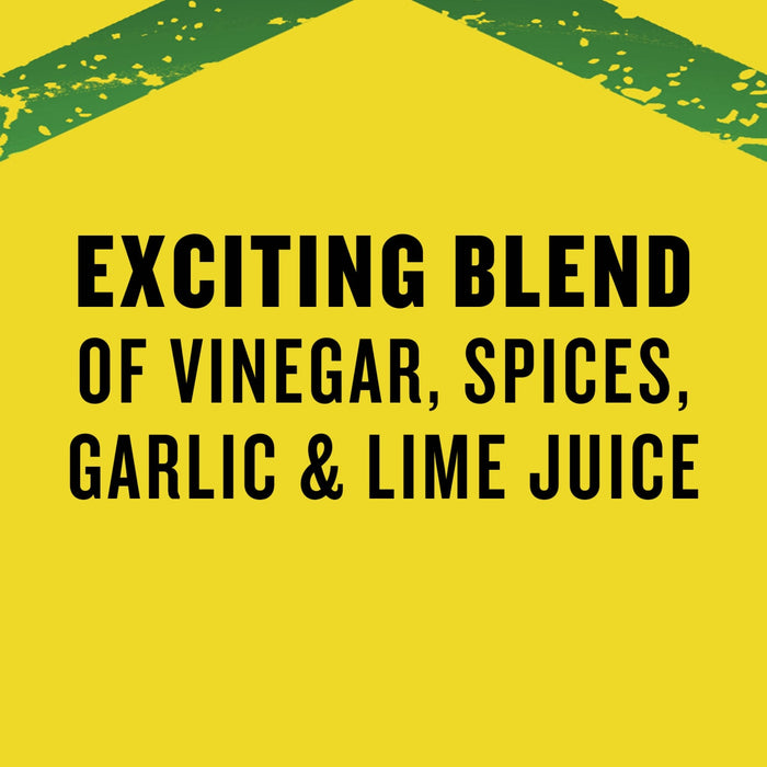 The image displays the text EXCITING BLEND OF VINEGAR SPICES GARLIC &amp; LIME JUICE in bold black letters against a yellow background with green accents.