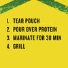 The image shows four steps for grilling: tear pouch pour over protein marinate for 30 minutes and grill.