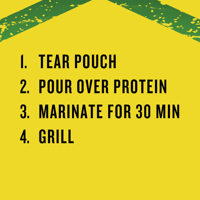 The image shows four steps for grilling: tear pouch pour over protein marinate for 30 minutes and grill.