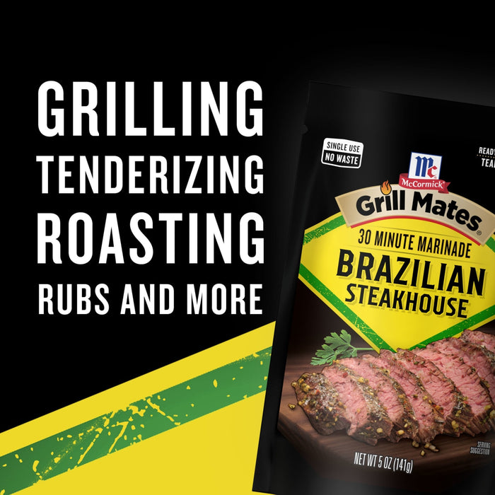 McCormick Grill Mates Brazilian Steakhouse 30 Minute Marinade is advertised for grilling tenderizing roasting rubs and more.