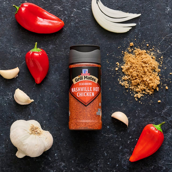 McCormick's Nashville Hot Chicken seasoning is displayed with ingredients like peppers, garlic, and spices.
