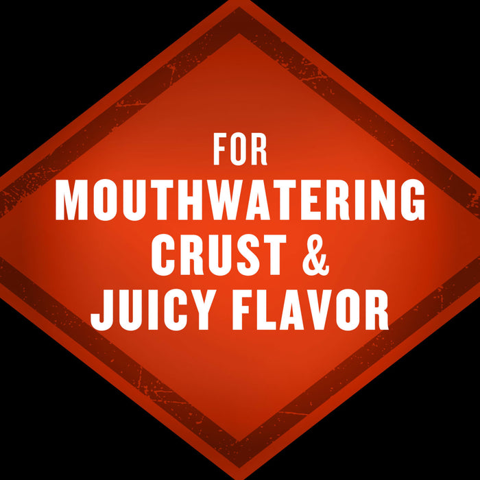 An orange diamond-shaped sign with the words For Mouthwatering Crust &amp; Juicy Flavor in white text.