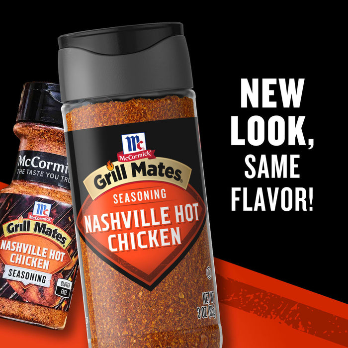 A new McCormick Grill Mates Nashville Hot Chicken Seasoning bottle is shown next to the old bottle with the text New Look Same Flavor!