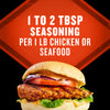 A delicious-looking chicken sandwich is featured with seasoning instructions of 1 to 2 tbsp per 1 lb chicken or seafood.