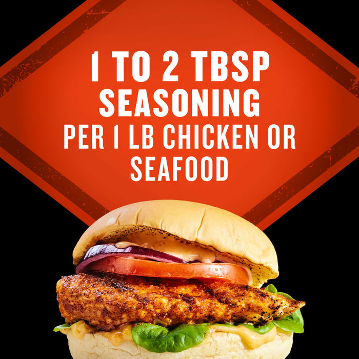A delicious-looking chicken sandwich is featured with seasoning instructions of 1 to 2 tbsp per 1 lb chicken or seafood.