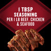 This image shows a recommendation to use 1 tbsp of seasoning per 1 lb of beef, chicken, or seafood, with a close-up of seasoned and sliced meat.