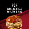 This image promotes a product that is suitable for burgers, steak, poultry, and ribs, featuring a mouthwatering burger as a visual.