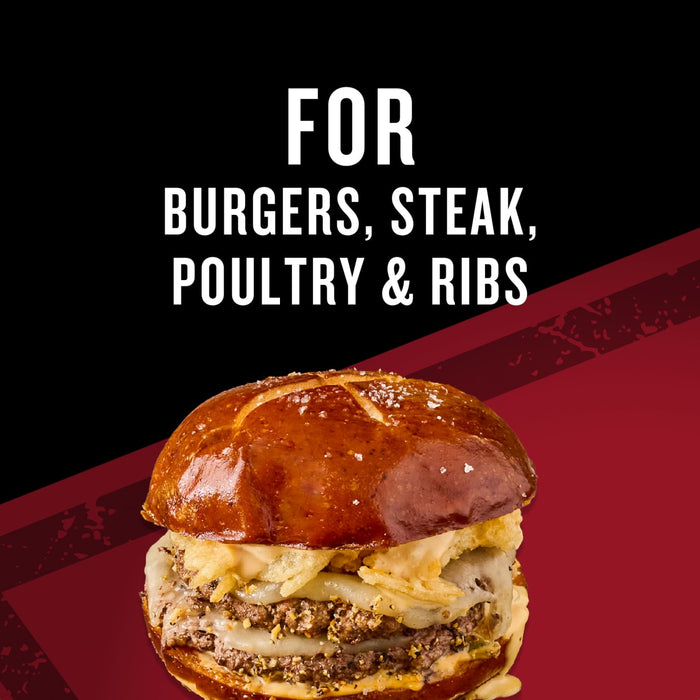This image promotes a product that is suitable for burgers, steak, poultry, and ribs, featuring a mouthwatering burger as a visual.