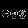 The image shows three circular icons indicating that the product is Kosher, contains no MSG, and is gluten-free.