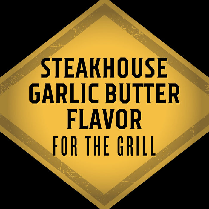 A yellow diamond-shaped sign with black text that reads Steakhouse Garlic Butter Flavor For The Grill.