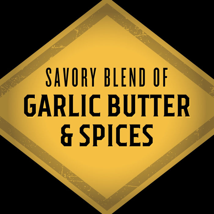 A yellow diamond-shaped sign with black text that reads Savory Blend of Garlic Butter &amp; Spices.