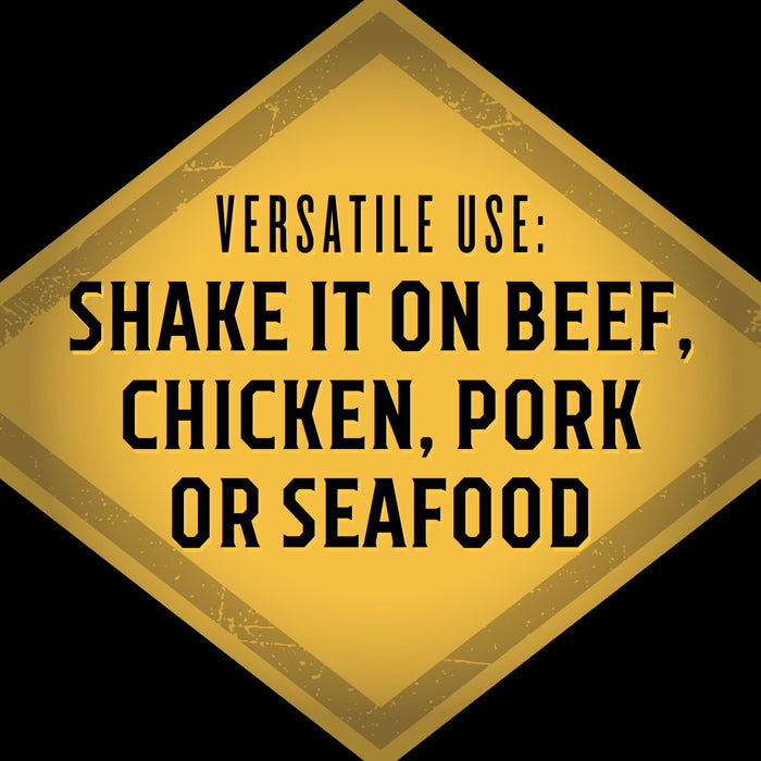 A yellow diamond-shaped sign with black text that reads Versatile Use: Shake it on beef chicken pork or seafood.