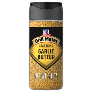 A bottle of McCormick Grill Mates Garlic Butter seasoning.