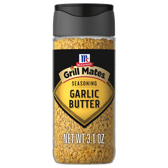 A bottle of McCormick Grill Mates Garlic Butter seasoning.