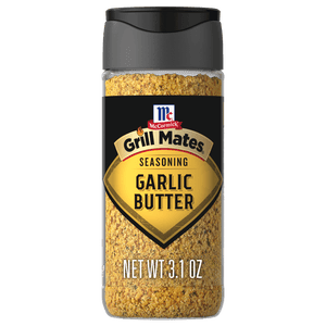 A bottle of McCormick Grill Mates Garlic Butter seasoning.