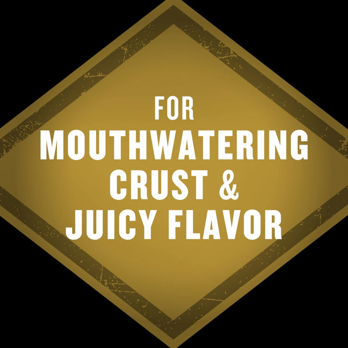 A diamond-shaped badge with the words For Mouthwatering Crust &amp; Juicy Flavor in white text on a gold background.