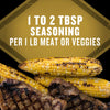 The image displays grilled corn and steak with the text 1 to 2 TBSP seasoning per 1 lb meat or veggies on a gold diamond background.