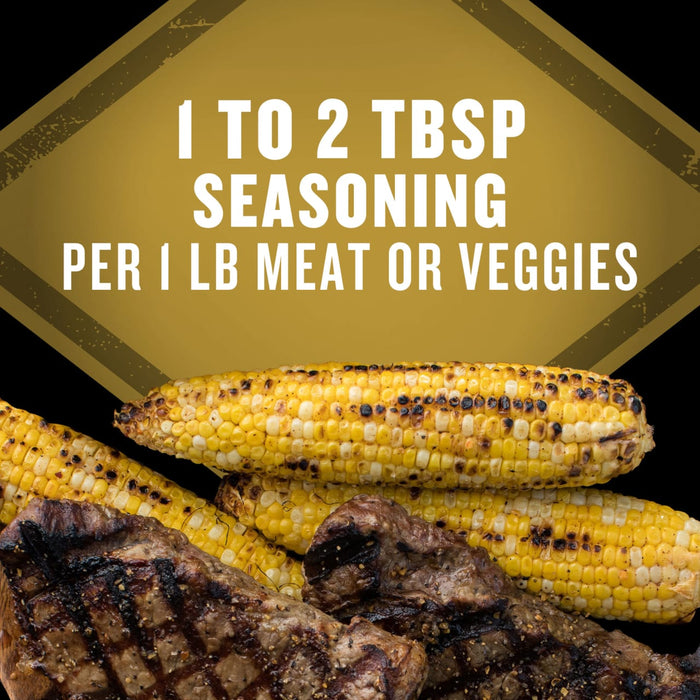 The image displays grilled corn and steak with the text 1 to 2 TBSP seasoning per 1 lb meat or veggies on a gold diamond background.