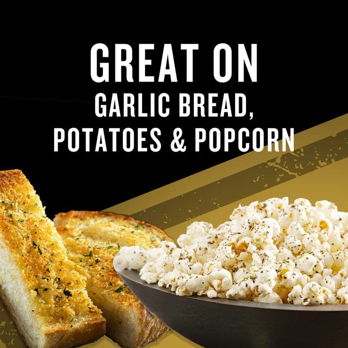 Garlic bread and popcorn are shown seasoned, illustrating the versatility of Mccormick Grill Mates Gf Garlic Butter Seasoning 3.1 Oz which is great on garlic bread, potatoes, and popcorn.
