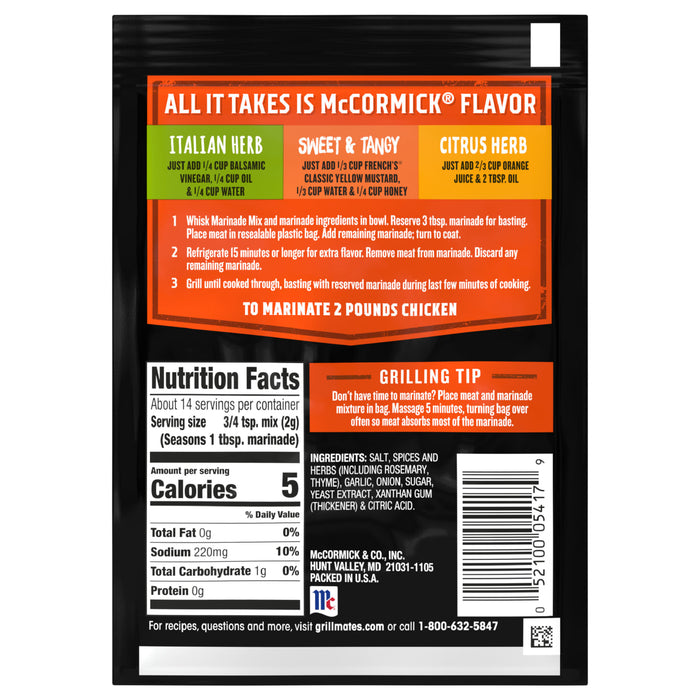 McCormick Italian Herb Sweet &amp; Tangy and Citrus Herb marinade seasoning packets with nutrition facts and grilling tips.