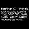 A list of ingredients for a product including salt spices herbs garlic onion sugar yeast extract xanthan gum and citric acid.
