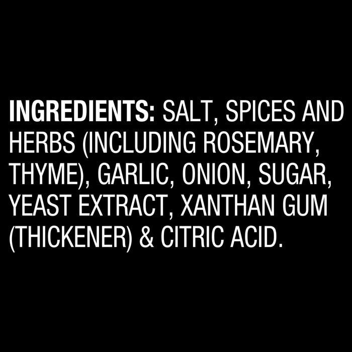 A list of ingredients for a product including salt spices herbs garlic onion sugar yeast extract xanthan gum and citric acid.