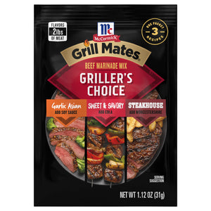 McCormick Grill Mates Beef Marinade Mix package with three different flavor options: Garlic Asian Sweet &amp; Savory and Steakhouse.