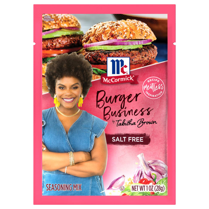 ['McCormick Burger Business by Tabitha Brown Salt Free Seasoning Mix package with a woman and a burger.']